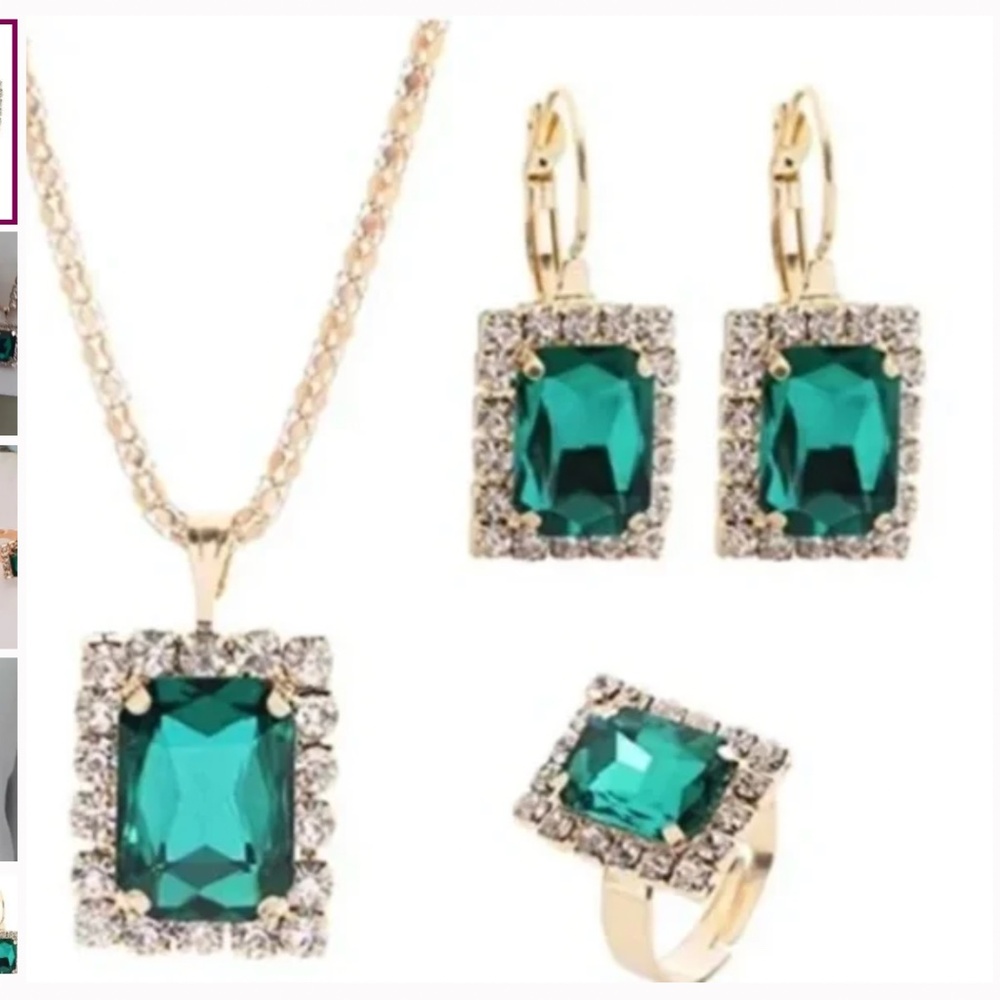 Jewelry Set -Emerald And Gold Necklace, Ring, Earrings